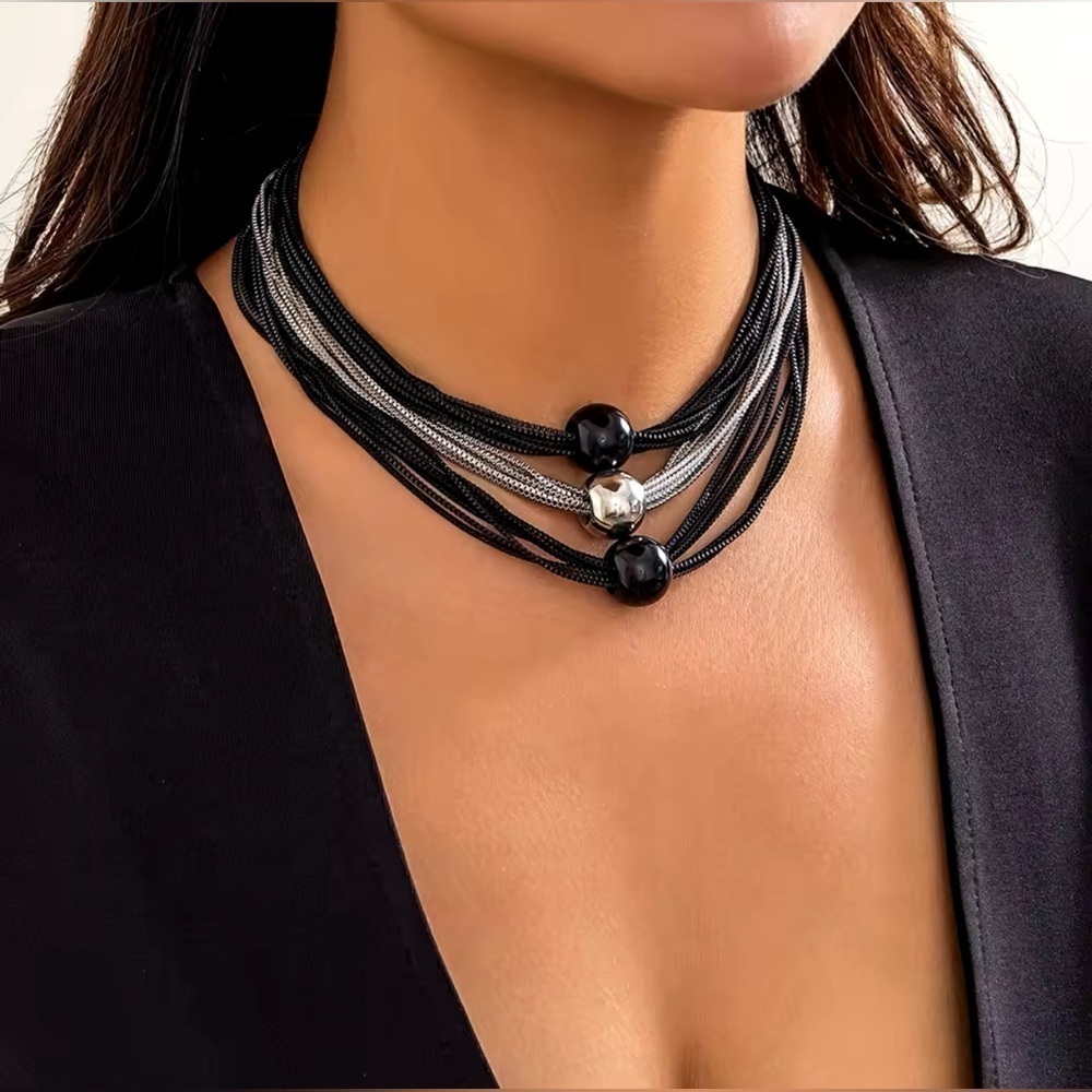 18K Black & White Gold Rhodium Plated Chunky Thick Layered Chain Beads Necklace